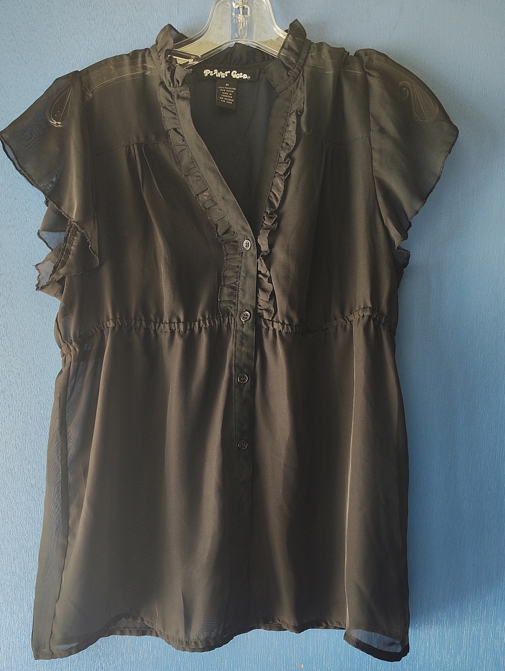 Planet Gold Black Sheer Ruffle-Trim Button Blouse